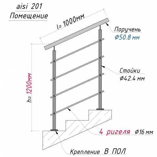 Комплект ограждений 1м длина 50 труба 201 высота 1,2 м