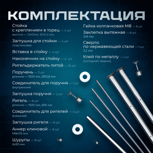 Комплект ограждений 3м длина 50,8 труба 201 высота 1,2 м торец фото 3